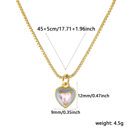 Image de Collier à Breloques Cœur Plaqué Or Véritable 18K en Laiton & Verre Pour Femmes, Chaîne Maille Vénitienne 45cm + 5cm, Bleu Clair Émail La Saint Valentin Minimaliste Cadeau, Respectueux de la Nature, 1 Pièce