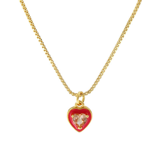 Image de Collier à Breloques Cœur Plaqué Or Véritable 18K en Laiton & Verre Pour Femmes, Chaîne Maille Vénitienne 45cm + 5cm, Fuchsia Émail La Saint Valentin Minimaliste Cadeau, Respectueux de la Nature, 1 Pièce