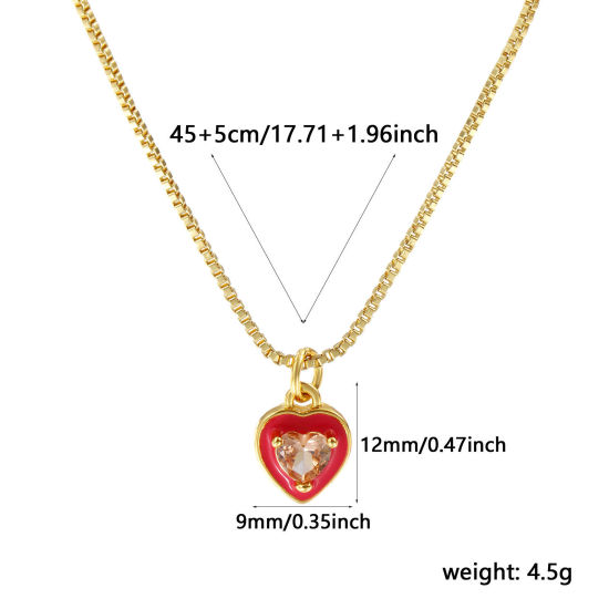 Image de Collier à Breloques Cœur Plaqué Or Véritable 18K en Laiton & Verre Pour Femmes, Chaîne Maille Vénitienne 45cm + 5cm, Fuchsia Émail La Saint Valentin Minimaliste Cadeau, Respectueux de la Nature, 1 Pièce