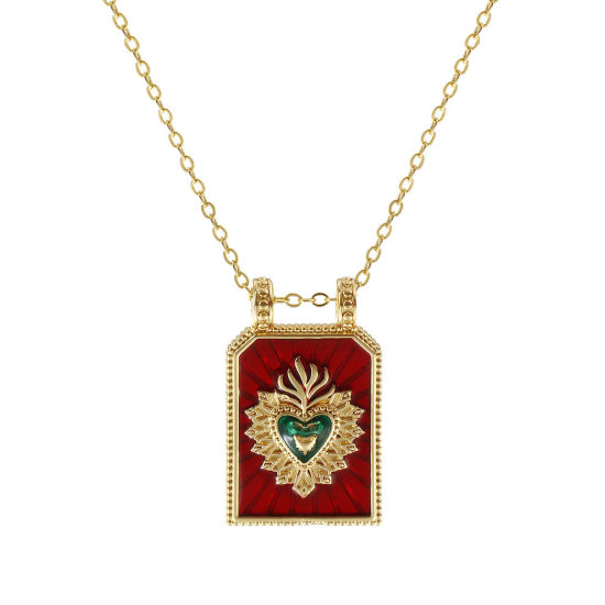 Image de Collier à Breloques Hexagone Plaqué Or Véritable 18K en Laiton Pour Femmes, Chaîne Maille Forçat 46cm + 6cm, Coeur de Ex-Voto Rouge Émail Religieux Vintage Cadeau, Respectueux de la Nature, 1 Pièce