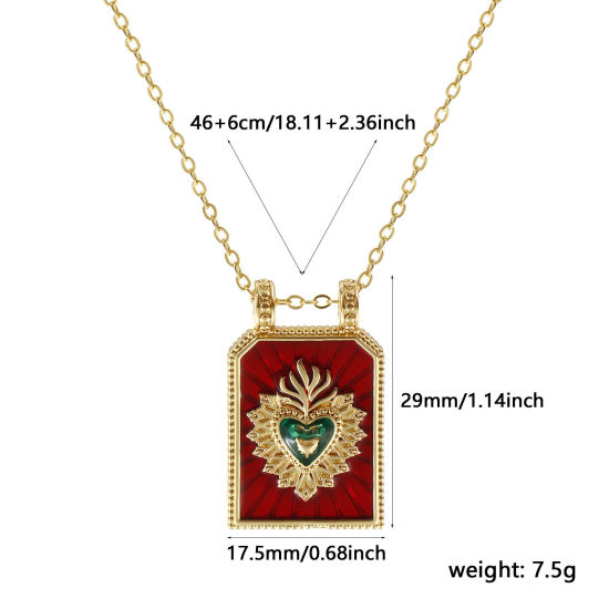 Image de Collier à Breloques Hexagone Plaqué Or Véritable 18K en Laiton Pour Femmes, Chaîne Maille Forçat 46cm + 6cm, Coeur de Ex-Voto Rouge Émail Religieux Vintage Cadeau, Respectueux de la Nature, 1 Pièce