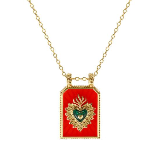Image de Collier à Breloques Hexagone Plaqué Or Véritable 18K en Laiton Pour Femmes, Chaîne Maille Forçat 46cm + 6cm, Coeur de Ex-Voto Rouge Orangé Émail Religieux Vintage Cadeau, Respectueux de la Nature, 1 Pièce