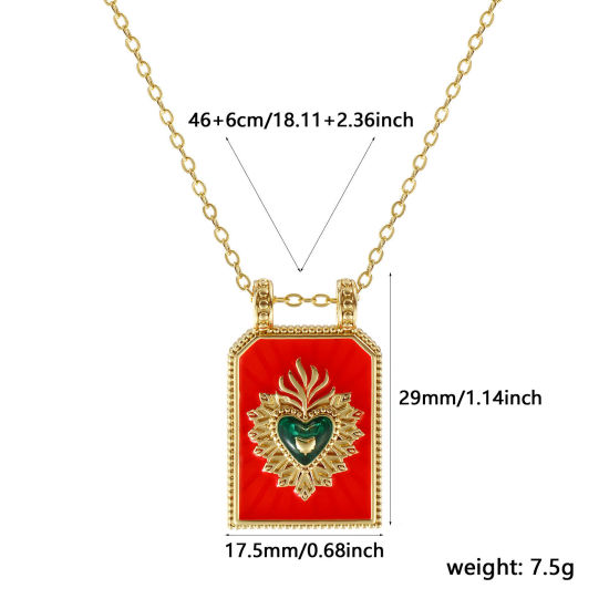 Image de Collier à Breloques Hexagone Plaqué Or Véritable 18K en Laiton Pour Femmes, Chaîne Maille Forçat 46cm + 6cm, Coeur de Ex-Voto Rouge Orangé Émail Religieux Vintage Cadeau, Respectueux de la Nature, 1 Pièce