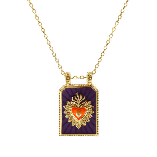 Image de Collier à Breloques Hexagone Plaqué Or Véritable 18K en Laiton Pour Femmes, Chaîne Maille Forçat 46cm + 6cm, Coeur de Ex-Voto Violet Émail Religieux Vintage Cadeau, Respectueux de la Nature, 1 Pièce