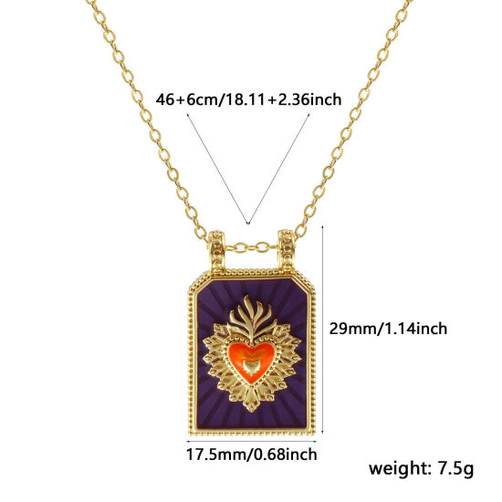 Image de Collier à Breloques Hexagone Plaqué Or Véritable 18K en Laiton Pour Femmes, Chaîne Maille Forçat 46cm + 6cm, Coeur de Ex-Voto Violet Émail Religieux Vintage Cadeau, Respectueux de la Nature, 1 Pièce