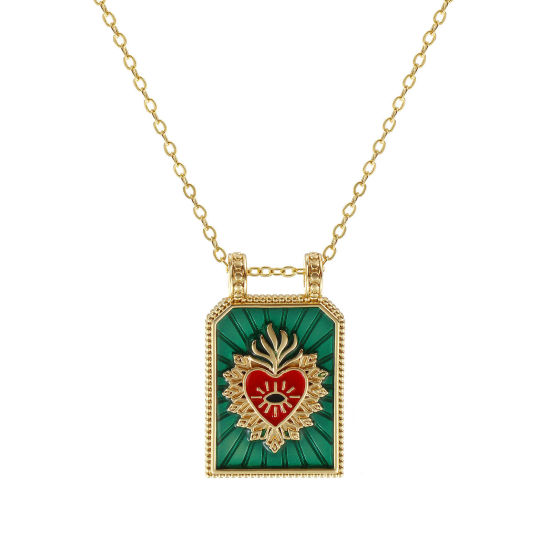 Image de Collier à Breloques Hexagone Plaqué Or Véritable 18K en Laiton Pour Femmes, Chaîne Maille Forçat 46cm + 6cm, Coeur de Ex-Voto Vert Émail Religieux Vintage Cadeau, Respectueux de la Nature, 1 Pièce