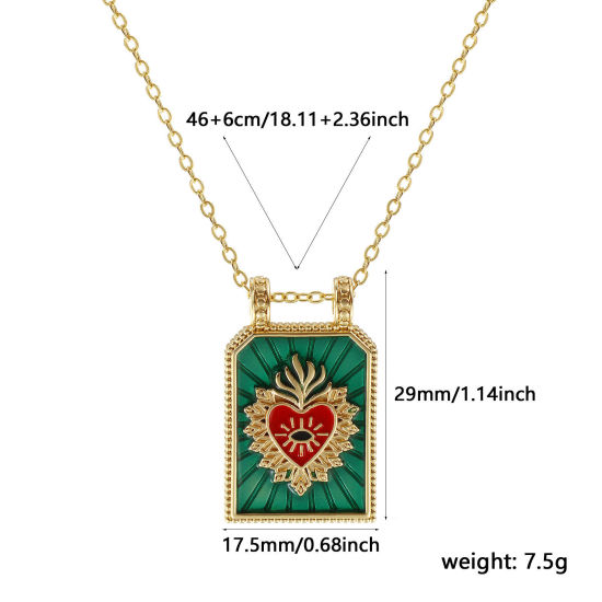 Image de Collier à Breloques Hexagone Plaqué Or Véritable 18K en Laiton Pour Femmes, Chaîne Maille Forçat 46cm + 6cm, Coeur de Ex-Voto Vert Émail Religieux Vintage Cadeau, Respectueux de la Nature, 1 Pièce