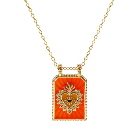 Image de Collier à Breloques Hexagone Plaqué Or Véritable 18K en Laiton Pour Femmes, Chaîne Maille Forçat 46cm + 6cm, Coeur de Ex-Voto Orange Émail Religieux Vintage Cadeau, Respectueux de la Nature, 1 Pièce