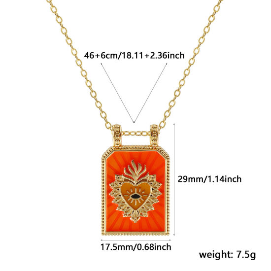 Image de Collier à Breloques Hexagone Plaqué Or Véritable 18K en Laiton Pour Femmes, Chaîne Maille Forçat 46cm + 6cm, Coeur de Ex-Voto Orange Émail Religieux Vintage Cadeau, Respectueux de la Nature, 1 Pièce