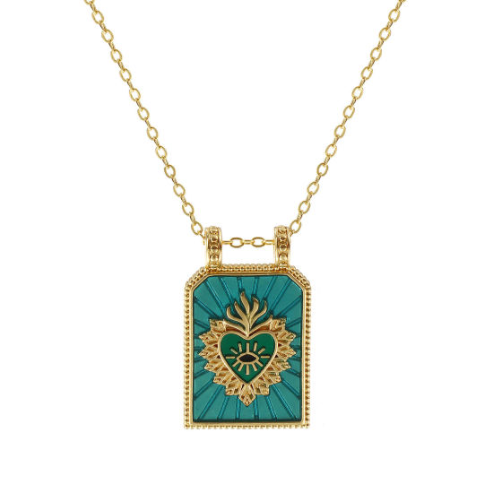 Image de Collier à Breloques Hexagone Plaqué Or Véritable 18K en Laiton Pour Femmes, Chaîne Maille Forçat 46cm + 6cm, Coeur de Ex-Voto Vert Paon Émail Religieux Vintage Cadeau, Respectueux de la Nature, 1 Pièce