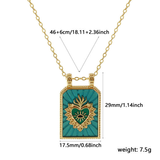 Image de Collier à Breloques Hexagone Plaqué Or Véritable 18K en Laiton Pour Femmes, Chaîne Maille Forçat 46cm + 6cm, Coeur de Ex-Voto Vert Paon Émail Religieux Vintage Cadeau, Respectueux de la Nature, 1 Pièce