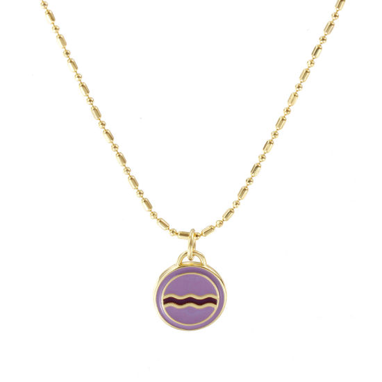 Image de Collier à Breloques Rond Plaqué Or Véritable 18K en Laiton Pour Femmes, Chaîne Maille Bambou 45cm + 5cm, Vague Mauve Émail Exquis Vintage Cadeau, Respectueux de la Nature, 1 Pièce