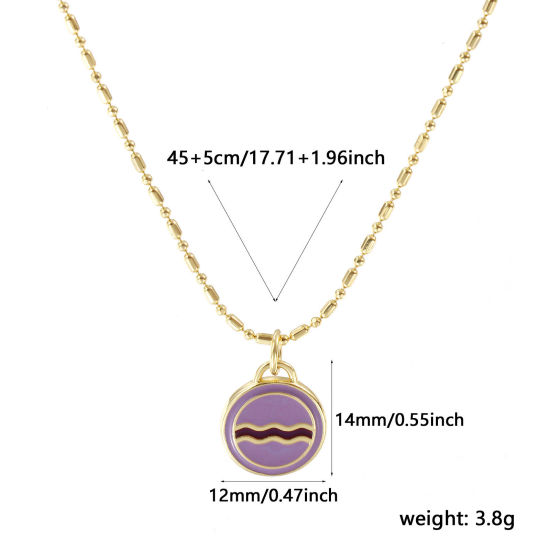 Image de Collier à Breloques Rond Plaqué Or Véritable 18K en Laiton Pour Femmes, Chaîne Maille Bambou 45cm + 5cm, Vague Mauve Émail Exquis Vintage Cadeau, Respectueux de la Nature, 1 Pièce