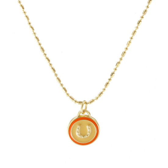 Image de Collier à Breloques Rond Plaqué Or Véritable 18K en Laiton Pour Femmes, Chaîne Maille Bambou 45cm + 5cm, Fer à Cheval Beige Émail Cowboy de l'Ouest Vintage Cadeau, Respectueux de la Nature, 1 Pièce