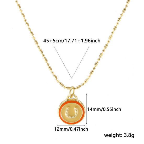 Image de Collier à Breloques Rond Plaqué Or Véritable 18K en Laiton Pour Femmes, Chaîne Maille Bambou 45cm + 5cm, Fer à Cheval Beige Émail Cowboy de l'Ouest Vintage Cadeau, Respectueux de la Nature, 1 Pièce