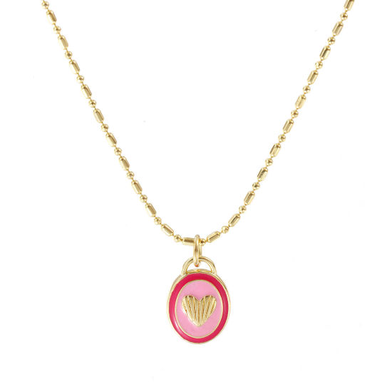 Image de Collier à Breloques Ovale Plaqué Or Véritable 18K en Laiton Pour Femmes, Chaîne Maille Bambou 45cm + 5cm, Cœur Rose Émail La Saint Valentin Vintage Cadeau, Respectueux de la Nature, 1 Pièce