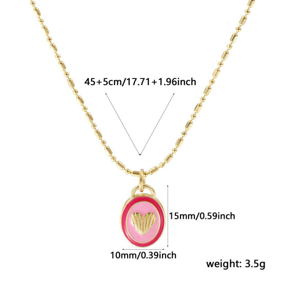 Image de Collier à Breloques Ovale Plaqué Or Véritable 18K en Laiton Pour Femmes, Chaîne Maille Bambou 45cm + 5cm, Cœur Rose Émail La Saint Valentin Vintage Cadeau, Respectueux de la Nature, 1 Pièce