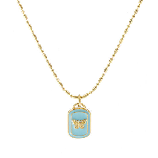Image de Collier à Breloques Rectangle Plaqué Or Véritable 18K en Laiton Pour Femmes, Chaîne Maille Bambou 45cm + 5cm, Papillons Bleu Clair Émail Insecte Sucré & Mignon Cadeau, Respectueux de la Nature, 1 Pièce