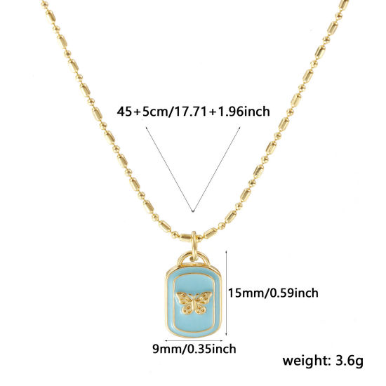 Image de Collier à Breloques Rectangle Plaqué Or Véritable 18K en Laiton Pour Femmes, Chaîne Maille Bambou 45cm + 5cm, Papillons Bleu Clair Émail Insecte Sucré & Mignon Cadeau, Respectueux de la Nature, 1 Pièce
