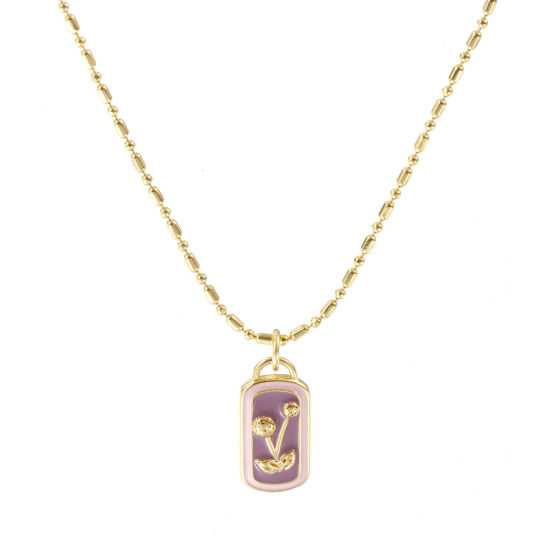 Image de Collier à Breloques Rectangle Plaqué Or Véritable 18K en Laiton Pour Femmes, Chaîne Maille Bambou 45cm + 5cm, Pissenlit Mauve Émail Exquis Sucré & Mignon Cadeau, Respectueux de la Nature, 1 Pièce