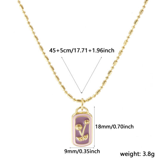 Image de Collier à Breloques Rectangle Plaqué Or Véritable 18K en Laiton Pour Femmes, Chaîne Maille Bambou 45cm + 5cm, Pissenlit Mauve Émail Exquis Sucré & Mignon Cadeau, Respectueux de la Nature, 1 Pièce