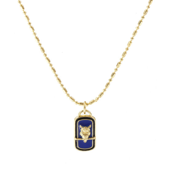 Image de Collier à Breloques Rectangle Plaqué Or Véritable 18K en Laiton Pour Femmes, Chaîne Maille Bambou 45cm + 5cm, Hibou Bleu Violet Émail Exquis Vintage Cadeau, Respectueux de la Nature, 1 Pièce