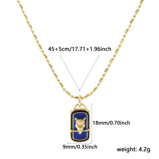 Image de Collier à Breloques Rectangle Plaqué Or Véritable 18K en Laiton Pour Femmes, Chaîne Maille Bambou 45cm + 5cm, Hibou Bleu Violet Émail Exquis Vintage Cadeau, Respectueux de la Nature, 1 Pièce