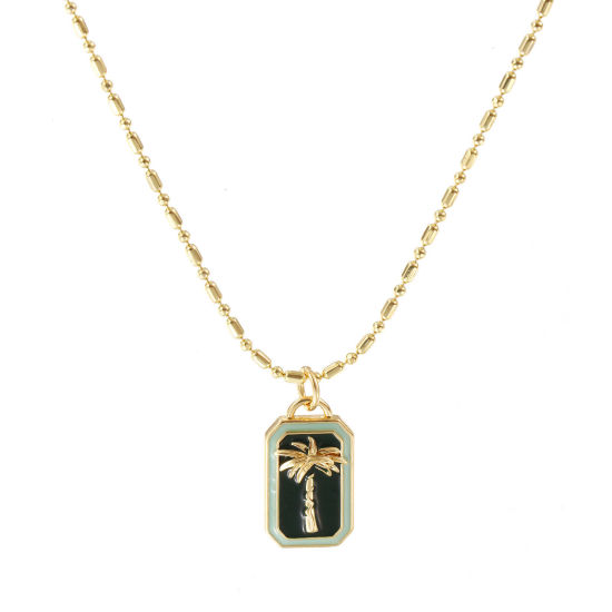 Image de Collier à Breloques Rectangle Plaqué Or Véritable 18K en Laiton Pour Femmes, Chaîne Maille Bambou 45cm + 5cm, Cocotier Vert Foncé Émail Exquis Vintage Cadeau, Respectueux de la Nature, 1 Pièce