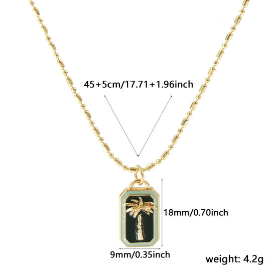 Image de Collier à Breloques Rectangle Plaqué Or Véritable 18K en Laiton Pour Femmes, Chaîne Maille Bambou 45cm + 5cm, Cocotier Vert Foncé Émail Exquis Vintage Cadeau, Respectueux de la Nature, 1 Pièce