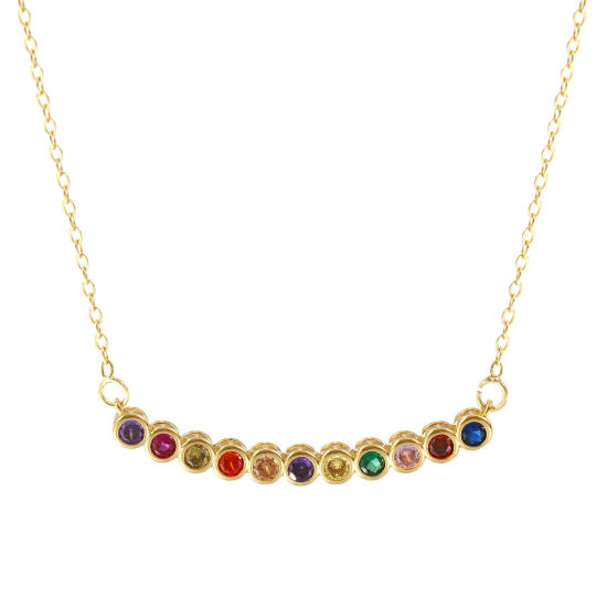 Image de Collier à Breloques Rond Plaqué Or Véritable 18K en Laiton Pour Femmes, Chaîne Maille Forçat 48cm + 5cm, à Zircone Cubique Multicolore Pierres de Naissance Minimaliste Cadeau, Respectueux de la Nature, 1 Pièce