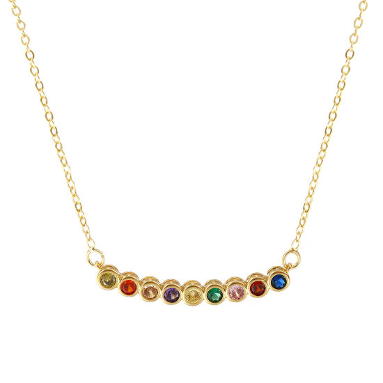 Image de Collier à Breloques Rond Plaqué Or Véritable 18K en Laiton Pour Femmes, Chaîne Maille Forçat 47.5cm + 5cm, à Zircone Cubique Multicolore Pierres de Naissance Minimaliste Cadeau, Respectueux de la Nature, 1 Pièce