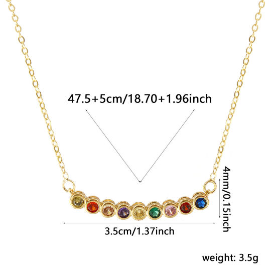 Image de Collier à Breloques Rond Plaqué Or Véritable 18K en Laiton Pour Femmes, Chaîne Maille Forçat 47.5cm + 5cm, à Zircone Cubique Multicolore Pierres de Naissance Minimaliste Cadeau, Respectueux de la Nature, 1 Pièce