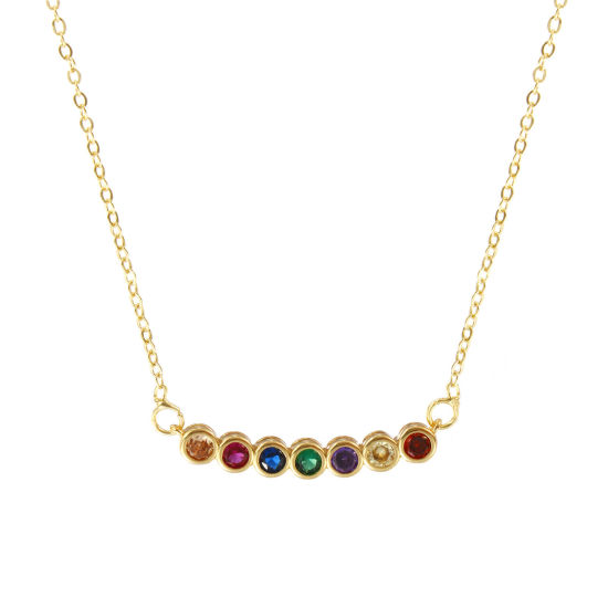 Image de Collier à Breloques Rond Plaqué Or Véritable 18K en Laiton Pour Femmes, Chaîne Maille Forçat 47cm + 5cm, à Zircone Cubique Multicolore Pierres de Naissance Minimaliste Cadeau, Respectueux de la Nature, 1 Pièce