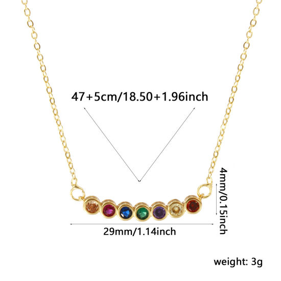 Image de Collier à Breloques Rond Plaqué Or Véritable 18K en Laiton Pour Femmes, Chaîne Maille Forçat 47cm + 5cm, à Zircone Cubique Multicolore Pierres de Naissance Minimaliste Cadeau, Respectueux de la Nature, 1 Pièce