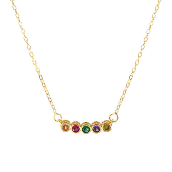 Image de Collier à Breloques Rond Plaqué Or Véritable 18K en Laiton Pour Femmes, Chaîne Maille Forçat 46cm + 5cm, à Zircone Cubique Multicolore Pierres de Naissance Minimaliste Cadeau, Respectueux de la Nature, 1 Pièce