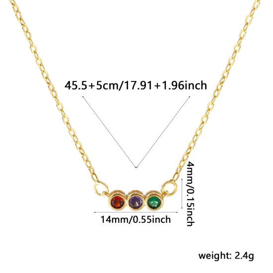 Image de Collier à Breloques Rond Plaqué Or Véritable 18K en Laiton Pour Femmes, Chaîne Maille Forçat 45.5cm + 5cm, à Zircone Cubique Multicolore Émail Pierres de Naissance Minimaliste Cadeau, Respectueux de la Nature, 1 Pièce