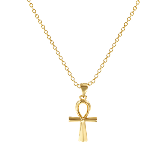 Image de Collier à Breloques Ankh Egyptienne Croix Plaqué Or Véritable 18K en Laiton Pour Femmes, Chaîne Maille Forçat 46cm + 6cm, Creux, Religieux Vintage Cadeau, Respectueux de la Nature, 1 Pièce
