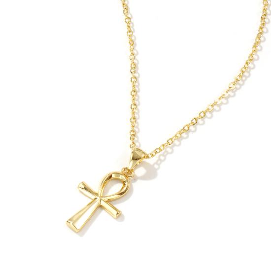 Image de Collier à Breloques Ankh Egyptienne Croix Plaqué Or Véritable 18K en Laiton Pour Femmes, Chaîne Maille Forçat 46cm + 6cm, Creux, Religieux Vintage Cadeau, Respectueux de la Nature, 1 Pièce