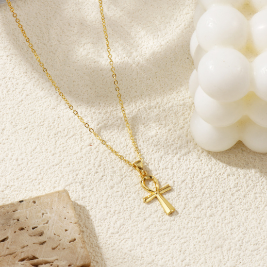 Image de Collier à Breloques Ankh Egyptienne Croix Plaqué Or Véritable 18K en Laiton Pour Femmes, Chaîne Maille Forçat 46cm + 6cm, Creux, Religieux Vintage Cadeau, Respectueux de la Nature, 1 Pièce