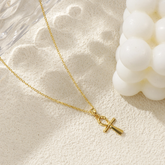 Image de Collier à Breloques Ankh Egyptienne Croix Plaqué Or Véritable 18K en Laiton Pour Femmes, Chaîne Maille Forçat 46cm + 6cm, Creux, Religieux Vintage Cadeau, Respectueux de la Nature, 1 Pièce