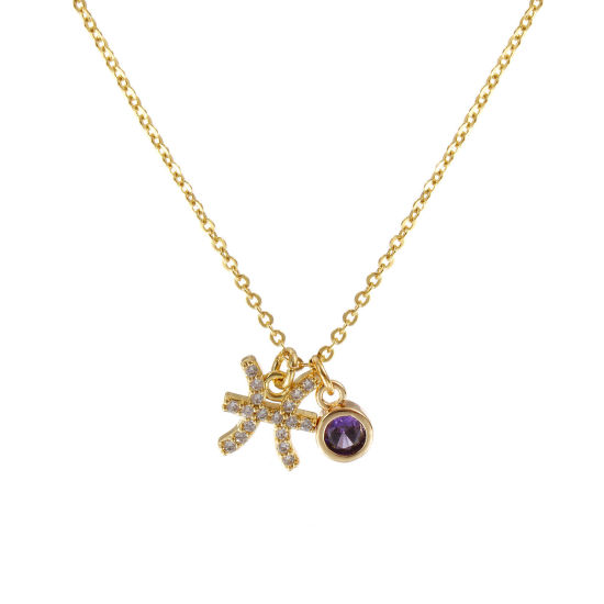 Image de Collier à Breloques Constellation Poissons Plaqué Or Véritable 18K en Laiton Pour Femmes, Chaîne Maille Forçat 45cm + 5cm, à Zircone Cubique Pourpre février Micro Pave, Exquis Pierres de Naissance Cadeau, Respectueux de la Nature, 1 Pièce