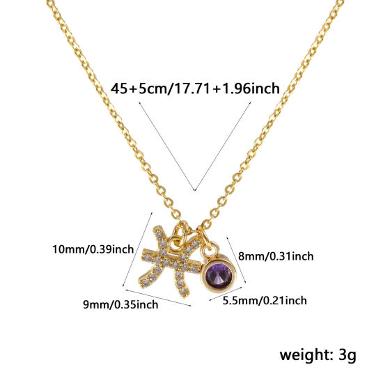 Image de Collier à Breloques Constellation Poissons Plaqué Or Véritable 18K en Laiton Pour Femmes, Chaîne Maille Forçat 45cm + 5cm, à Zircone Cubique Pourpre février Micro Pave, Exquis Pierres de Naissance Cadeau, Respectueux de la Nature, 1 Pièce