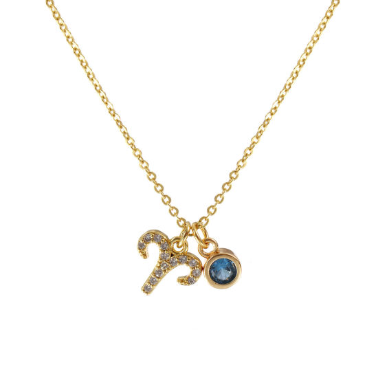 Image de Collier à Breloques Constellation Bélier Plaqué Or Véritable 18K en Laiton Pour Femmes, Chaîne Maille Forçat 45cm + 5cm, à Zircone Cubique Bleu mars Micro Pave, Exquis Pierres de Naissance Cadeau, Respectueux de la Nature, 1 Pièce