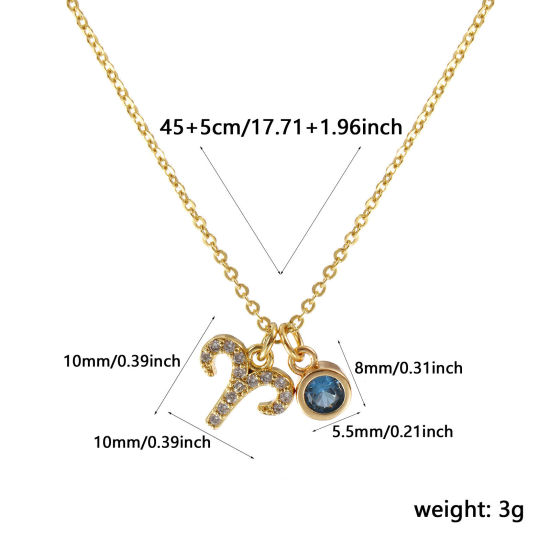 Image de Collier à Breloques Constellation Bélier Plaqué Or Véritable 18K en Laiton Pour Femmes, Chaîne Maille Forçat 45cm + 5cm, à Zircone Cubique Bleu mars Micro Pave, Exquis Pierres de Naissance Cadeau, Respectueux de la Nature, 1 Pièce