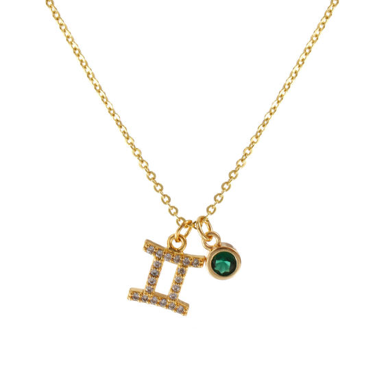 Image de Collier à Breloques Constellation Gémeaux Plaqué Or Véritable 18K en Laiton Pour Femmes, Chaîne Maille Forçat 45cm + 5cm, à Zircone Cubique Vert Foncé mai Micro Pave, Exquis Pierres de Naissance Cadeau, Respectueux de la Nature, 1 Pièce