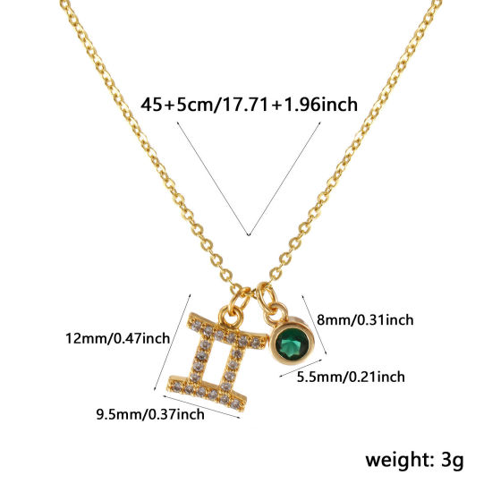 Image de Collier à Breloques Constellation Gémeaux Plaqué Or Véritable 18K en Laiton Pour Femmes, Chaîne Maille Forçat 45cm + 5cm, à Zircone Cubique Vert Foncé mai Micro Pave, Exquis Pierres de Naissance Cadeau, Respectueux de la Nature, 1 Pièce