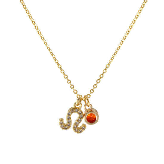 Image de Collier à Breloques Constellation Lion Plaqué Or Véritable 18K en Laiton Pour Femmes, Chaîne Maille Forçat 45cm + 5cm, à Zircone Cubique Rouge-orange juillet Micro Pave, Exquis Pierres de Naissance Cadeau, Respectueux de la Nature, 1 Pièce