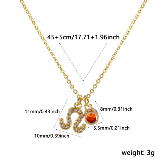 Image de Collier à Breloques Constellation Lion Plaqué Or Véritable 18K en Laiton Pour Femmes, Chaîne Maille Forçat 45cm + 5cm, à Zircone Cubique Rouge-orange juillet Micro Pave, Exquis Pierres de Naissance Cadeau, Respectueux de la Nature, 1 Pièce