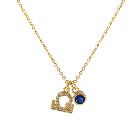 Image de Collier à Breloques Constellation Balance Plaqué Or Véritable 18K en Laiton Pour Femmes, Chaîne Maille Forçat 45cm + 5cm, à Zircone Cubique Saphir septembre Micro Pave, Exquis Pierres de Naissance Cadeau, Respectueux de la Nature, 1 Pièce