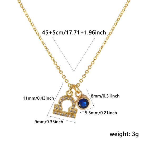 Image de Collier à Breloques Constellation Balance Plaqué Or Véritable 18K en Laiton Pour Femmes, Chaîne Maille Forçat 45cm + 5cm, à Zircone Cubique Saphir septembre Micro Pave, Exquis Pierres de Naissance Cadeau, Respectueux de la Nature, 1 Pièce